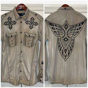 Roar Shirt Men Medium Beige Faded Distressed Embroidery Long Sleeve‎